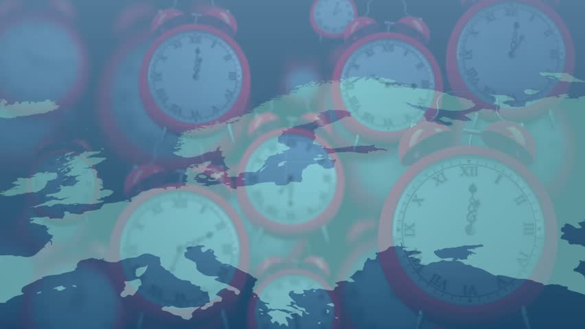Starting with sweeping arcs from red clocks on Europe map then ripples visualizing time connections. Technology, connectivity, network, data visualization, abstraction, digital, global - Powered by Shutterstock - Get 15% off with code: PIKWIZARD15