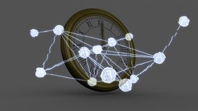 Translucent map fading in, starting clock rotating while icons linking across regions for data flow. Global, connectivity, technology, digital, synchronization, networking, abstract - Powered by Shutterstock - Get 15% off with code: PIKWIZARD15