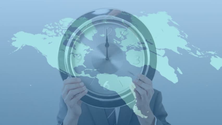 Executive lifting clock, map fading, glowing lines linking continents, showing time connectivity. Business, technology, innovation, global, futuristic, communication, networking - Powered by Shutterstock - Get 15% off with code: PIKWIZARD15