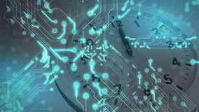 White analog clock reaching 1:11 initiating teal circuitry appearing then fading, showing data flow. Technology, innovation, digital, futurism, connectivity, data, cyber - Powered by Shutterstock - Get 15% off with code: PIKWIZARD15