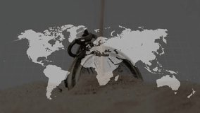 Sand pouring triggers pocket watch settling as world map filling with cyan showing time progression. Vintage, time, globalization, connectivity, analytics, technology, minimalism - Powered by Shutterstock - Get 15% off with code: PIKWIZARD15