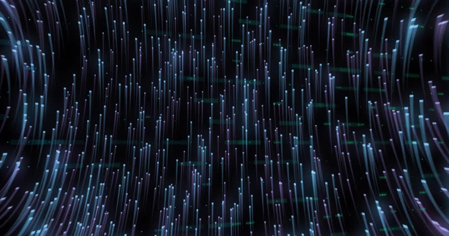 Magenta line sweeping left, slicing rods and morphing into rising blue ribbon showing trends. Data visualization, digital art, abstract, futuristic, technology, motion, dynamic