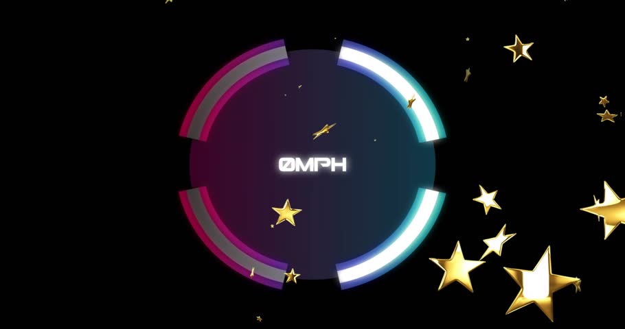 Gauge appearing, arcs adjusting, speed text flipping, stars drifting, showing dynamic speed changes. Futuristic, kinetic, abstract, motion, neon, technology, visualization
