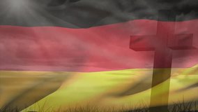 Storm clouds parting causing beam lighting field and red-gold flag waving beside cross silhouette. Dramatic, inspirational, symbolic, spiritual, scenic, atmospheric, contemplative - Powered by Shutterstock - Get 15% off with code: PIKWIZARD15