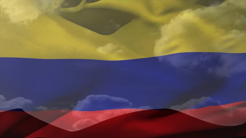 Light breeze starting Colombian flag waving with folding ripples against drifting cumulus clouds. Patriotism, fluttering, motion, fabric, outdoor, dynamic, serenity