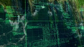 Translucent green grid fading in code flowing and shifting across map before settling into overlay. Cyberspace, data visualization, digital interface, futuristic, analytics, technology, network - Powered by Shutterstock - Get 15% off with code: PIKWIZARD15