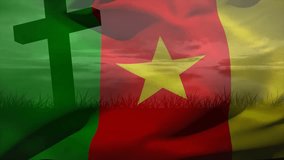 sunset glow sparking Cameroon flag unfolding and waving over cross and grass silhouette in loop. Patriotism, nationalism, landscape, symbolism, serenity, heritage, dusk - Powered by Shutterstock - Get 15% off with code: PIKWIZARD15