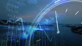 Twilight coast rising launching overlay animating clock arc map neon line chart showing data trends. Tech visualization, data analytics, digital dashboard, information design, oceanic scenery, - Powered by Shutterstock - Get 15% off with code: PIKWIZARD15