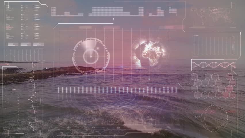 dawn sea shifting into scanning overlay, rotating radar disc spinning globe mapping depth and data. Technology, data visualization, futuristic, analytics, digital, innovation, abstract - Powered by Shutterstock - Get 15% off with code: PIKWIZARD15