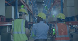 Three workers walking storage aisle interacting with popping AR icons for assessing storage layout. Collaboration, innovation, warehouse, logistics, futuristic, teamwork, digital - Powered by Shutterstock - Get 15% off with code: PIKWIZARD15