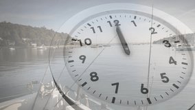 On start analog clock face appearing over boat bow view, hands rotating illustrating passing time. Timeless, tranquil, reflection, serenity, navigation, horizon, minimalism - Powered by Shutterstock - Get 15% off with code: PIKWIZARD15
