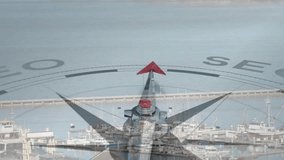 At start compass rose graphic rotating needle clockwise sweeping toward SEO arc showing navigation. Navigation, marine, maritime, transportation, exploration, direction, mapping - Powered by Shutterstock - Get 15% off with code: PIKWIZARD15