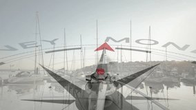 Compass rose graphic fading in over harbor, needle rotating clockwise, highlighting MONEY letters. Navigation, maritime, tranquility, branding, illustration, symbolism, finance - Powered by Shutterstock - Get 15% off with code: PIKWIZARD15