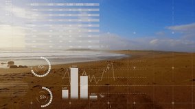 UI overlaying sandy shore initiating bar charts, gauges and line graph visualizing market trends. Data visualization, analytics, financial, coastal, calm, modern, technology - Powered by Shutterstock - Get 15% off with code: PIKWIZARD15