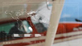 Cockpit view showing world map fading in telemetry bars sliding data stacking for flight telemetry. Aviation, cockpit, navigation, technology, aerial, engineering, data visualization - Powered by Shutterstock - Get 15% off with code: PIKWIZARD15