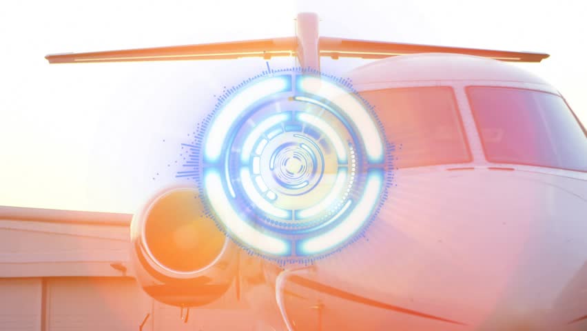 Interface appearing on jet nose, rings pulsing and rotating while flare sweeping, showing curvature. Luxury, technology, innovation, aerospace, aviation, security, modern - Powered by Shutterstock - Get 15% off with code: PIKWIZARD15