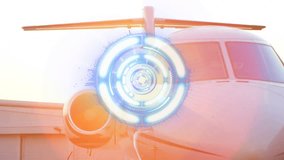 Interface appearing on jet nose, rings pulsing and rotating while flare sweeping, showing curvature. Luxury, technology, innovation, aerospace, aviation, security, modern - Powered by Shutterstock - Get 15% off with code: PIKWIZARD15
