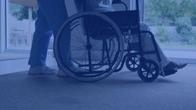 Healthcare nurse placing handles pushing wheelchair as data waveforms crossing patient to window. Medical, caregiving, digital, assistive, compassionate, clinical, wellness - Powered by Shutterstock - Get 15% off with code: PIKWIZARD15