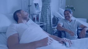 Senior visitor assisting patient moving into wheelchair in hospital with network overlay appearing. Healthcare, rehabilitation, support, empathy, medical, senior, technology - Powered by Shutterstock - Get 15% off with code: PIKWIZARD15