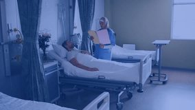 Nurse checking chart offering water as patient sipping, globe cycling dates showing health records. Medical, healthcare, patient care, global connectivity, digital health, hospital, wellness - Powered by Shutterstock - Get 15% off with code: PIKWIZARD15