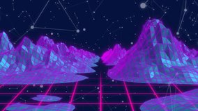 After start neon wireframe grid valley pulsing while data panels fading, sliding showing analytics. Cyberpunk, digital, abstract, futuristic, technology, innovation, visualization - Powered by Shutterstock - Get 15% off with code: PIKWIZARD15