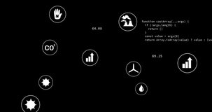 Starting from black screen bars rising and falling icons fading code scrolling showing eco metrics. Sustainability, dataanalytics, digitaldashboard, environmentalmonitoring, futuristic, visualization, - Powered by Shutterstock - Get 15% off with code: PIKWIZARD15
