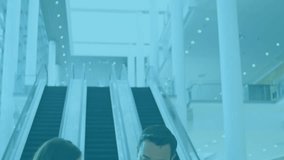 Female executive handing binder to colleague on escalator and reviewing floating business charts. Collaboration, data visualization, corporate, modern, professionalism, presentation, futuristic - Powered by Shutterstock - Get 15% off with code: PIKWIZARD15