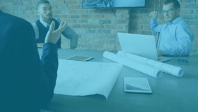 Team unfolding blueprint tapping tablet at table initiating AR icons guiding mechanical design. Collaboration, innovation, technical, modern, business, analysis, interactive - Powered by Shutterstock - Get 15% off with code: PIKWIZARD15