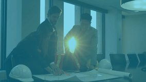 Unrolling blueprints, architects pointing plans with floating metrics showing online engagement. Collaboration, architecture, technology, urban, professional, planning, data - Powered by Shutterstock - Get 15% off with code: PIKWIZARD15