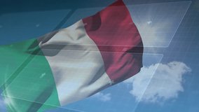 Upon interface panels floating over sky, Italian flag materializing and waving to showcase symbol. Futuristic, technology, data visualization, digital art, national pride, patriotic, innovation - Powered by Shutterstock - Get 15% off with code: PIKWIZARD15