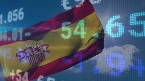 Sun peeking behind Spanish flag unfurling, financial numbers drifting and showing market changes. Patriotism, finance, data visualization, digital economy, trading, market analysis, national pride - Powered by Shutterstock - Get 15% off with code: PIKWIZARD15
