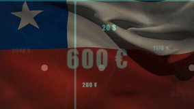 Chilean flag waving causing grid fading, bars growing, lines climbing showing currency trends. Cryptocurrency, financial analytics, data visualization, economic growth, global market, digital economy, - Powered by Shutterstock - Get 15% off with code: PIKWIZARD15