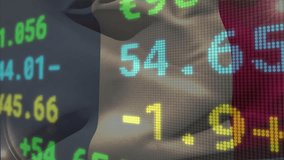 Opening with French flag waving, stock ticker refreshing values every second in market simulation. Financial data, dynamic display, digital interface, market analysis, economic indicators, technology, - Powered by Shutterstock - Get 15% off with code: PIKWIZARD15