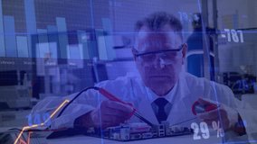 Senior male technician touching circuit board with probes in electronics lab tracking graph overlay. Technician, measurement, innovation, technology, diagnostics, precision, engineering - Powered by Shutterstock - Get 15% off with code: PIKWIZARD15