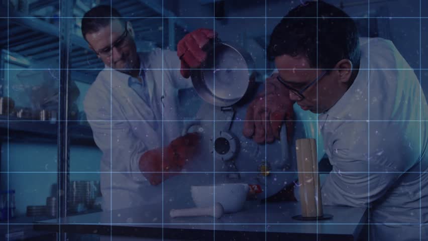 Upon HUD animating researchers lifting vessel and pouring powder into mixing bowl for lab research. Scientists, innovation, technology, precision, collaboration, modern, futuristic