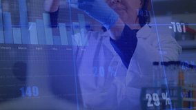 Female scientist in lab reaching, lifting tube sampling contents with pipette under data overlays. Research, analytics, precision, innovation, experimentation, clinical, scientific - Powered by Shutterstock - Get 15% off with code: PIKWIZARD15