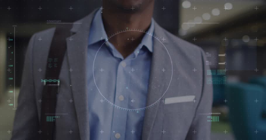 Executive standing in terminal HUD rotating scanning him tapping device initiating voice input. Futuristic, technology, professional, innovation, digital, corporate, mobility