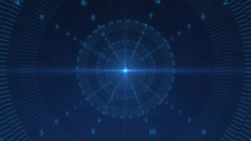 clock UI reacting to lens flare sweeping clock hand pulsing rings rotating scales for tech demo. Futuristic, holographic, digital, interface, dynamic, sleek, high-tech