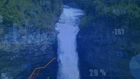Translucent graphics appearing on waterfall, animating line dips and rises to show recovery trend. Nature, finance, data, growth, investment, technology, analysis - Powered by Shutterstock - Get 15% off with code: PIKWIZARD15