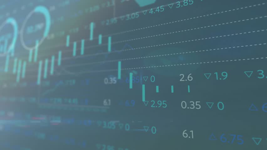 Opening on clouds candlestick emerging bar chart sliding gauges rotating illustrating data updates. Abstract, analytics, futuristic, data visualization, digital, innovation, information - Powered by Shutterstock - Get 15% off with code: PIKWIZARD15