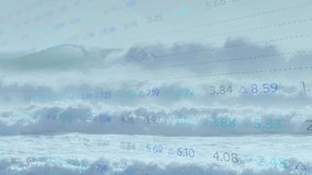 Ocean waves rolling from horizon activating numeric overlay syncing chart line with crest heights. Seascape, data visualization, analytics, weather, natural patterns, financial market, digital overlay - Powered by Shutterstock - Get 15% off with code: PIKWIZARD15