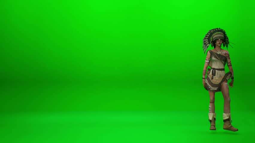 A high-resolution 3D render of a female dancer in Native American style traditional costume and headdress performing a dynamic dance sequence on a green screen.   