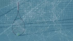red-grip tennis racket with yellow ball against net, frames initiating pulsing IT network overlay. Sports equipment, digital technology, action, outdoor, athletic, innovation, competition - Powered by Shutterstock - Get 15% off with code: PIKWIZARD15