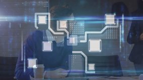 Man reviewing as woman tapping tablet animating network nodes and data bars in tech meeting. Collaboration, technology, data visualization, professional, teamwork, digital, modern - Powered by Shutterstock - Get 15% off with code: PIKWIZARD15