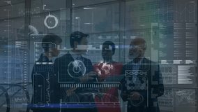 Team in glass business office using tablet, activating holographic charts and analyzing metrics. Collaboration, innovation, technology, data visualization, professional, modern, analysis - Powered by Shutterstock - Get 15% off with code: PIKWIZARD15