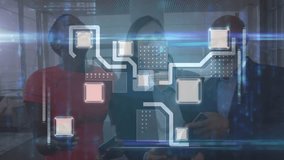 Three colleagues tapping devices and initiating holographic network diagram for business analytics. Technology, collaboration, innovation, data visualization, augmented reality, digital interface, - Powered by Shutterstock - Get 15% off with code: PIKWIZARD15