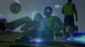 Friends holding push-up stance on field and activating animated finance graphs tracking performance. Fitness, teamwork, motivation, outdoor, visualization, progress, strength - Powered by Shutterstock - Get 15% off with code: PIKWIZARD15