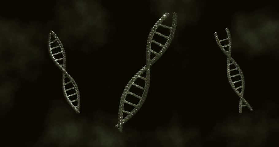 On animation start, three DNA helices drifting with HUD rings pulsing, demonstrating scanning. Futuristic, biotechnology, data visualization, digital, molecular, innovation, science