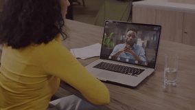 adult woman opening laptop joining business call overlay showing data-progress before peer resuming. Collaboration, technology, professionalism, modern, communication, workplace, digital - Powered by Shutterstock - Get 15% off with code: PIKWIZARD15