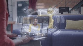 Local woman touching laptop initiating tech call, partner gesturing under pulsating digital overlay. Communication, collaboration, technology, digital, connectivity, remote, modern - Powered by Shutterstock - Get 15% off with code: PIKWIZARD15